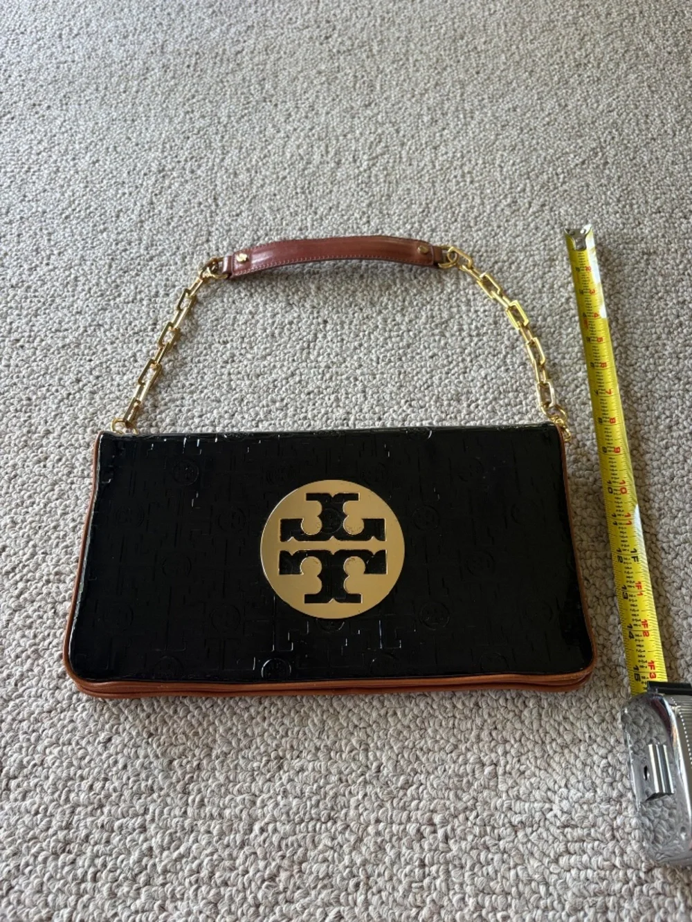 Tory Burch Reva Convertible Clutch Shoulder Bag Black Patent Leather + Dust Bag